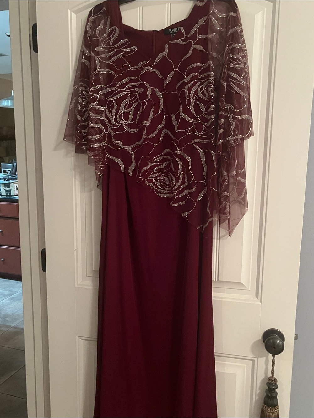 Koret Wine Red Maxi Dress with Silver Beaded Overlay